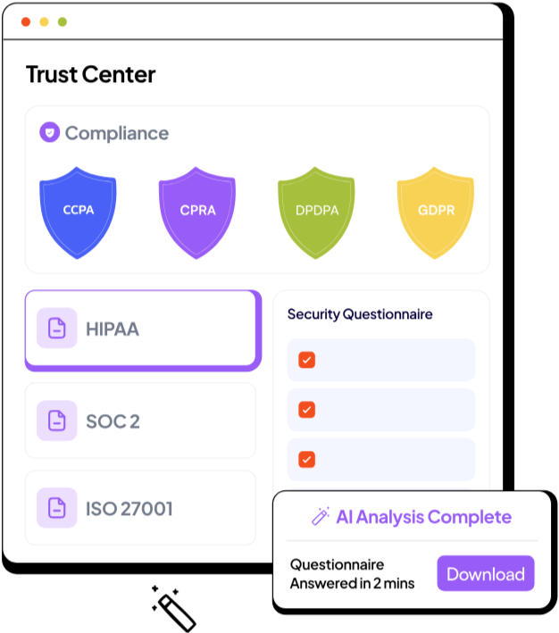 Redacto's Trust Center, with compliance badges, certifications, and an AI-answered security questionnaire.