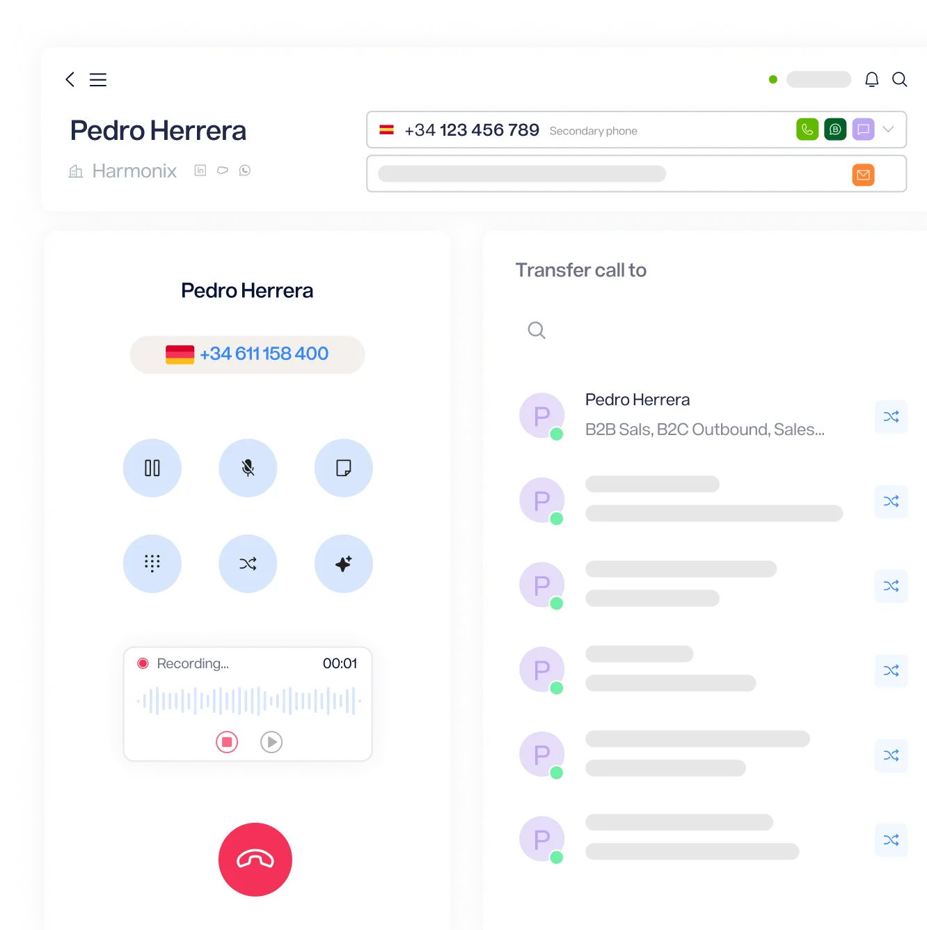 Interfaz de usuario de la plataforma Harmonix, mostrando opciones de llamada y contactos.