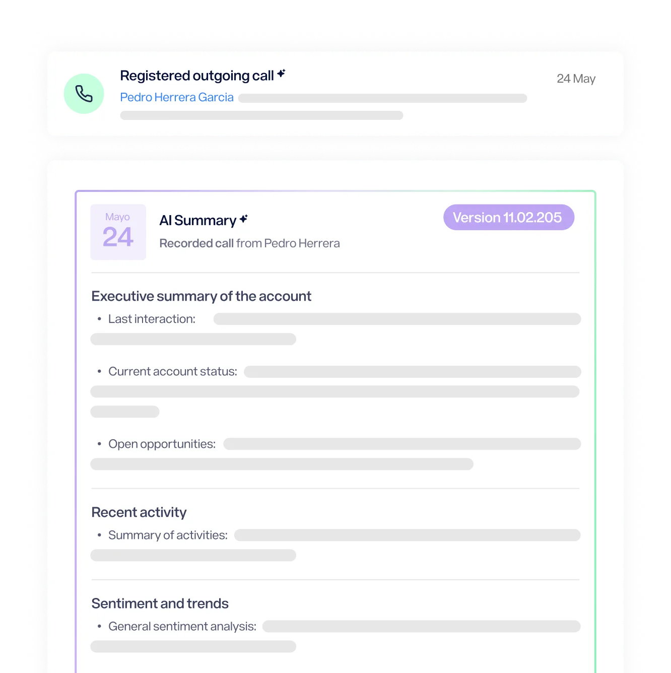 Resumen de llamada registrada con detalles de la cuenta y análisis de sentimientos.