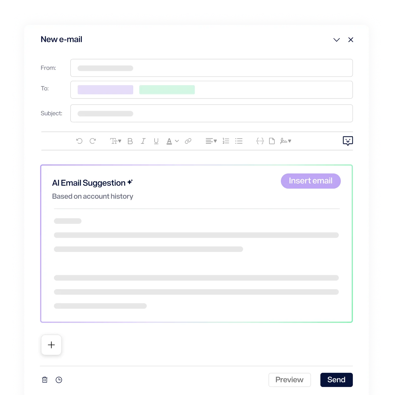 Interfaz de redacción de correo electrónico con campos para destinatario, asunto y sugerencia de contenido generada por IA.