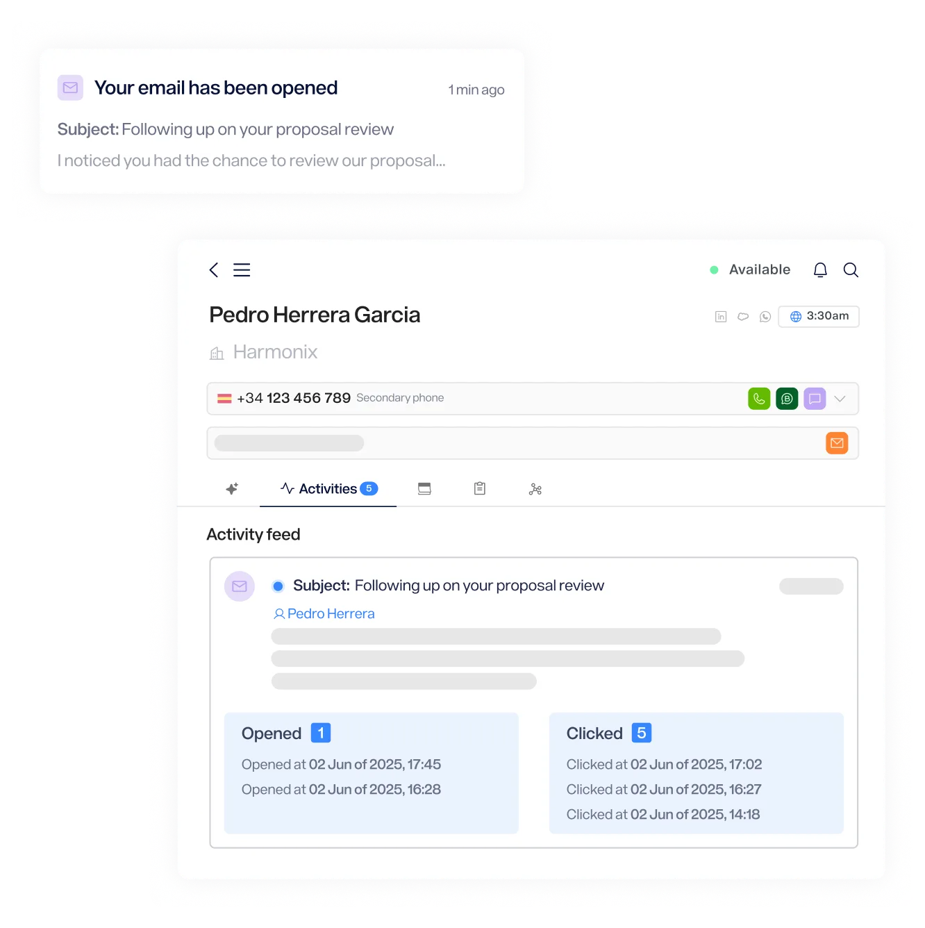 Notificación de correo abierto con detalles de actividad y seguimiento de un contacto en la plataforma Harmonix.