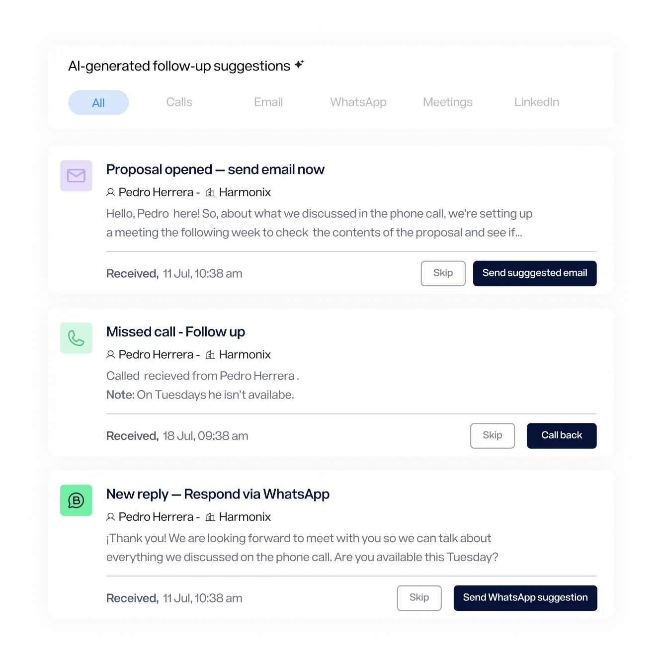 Sugerencias de seguimiento generadas por IA, con opciones para correo, llamadas y WhatsApp.
