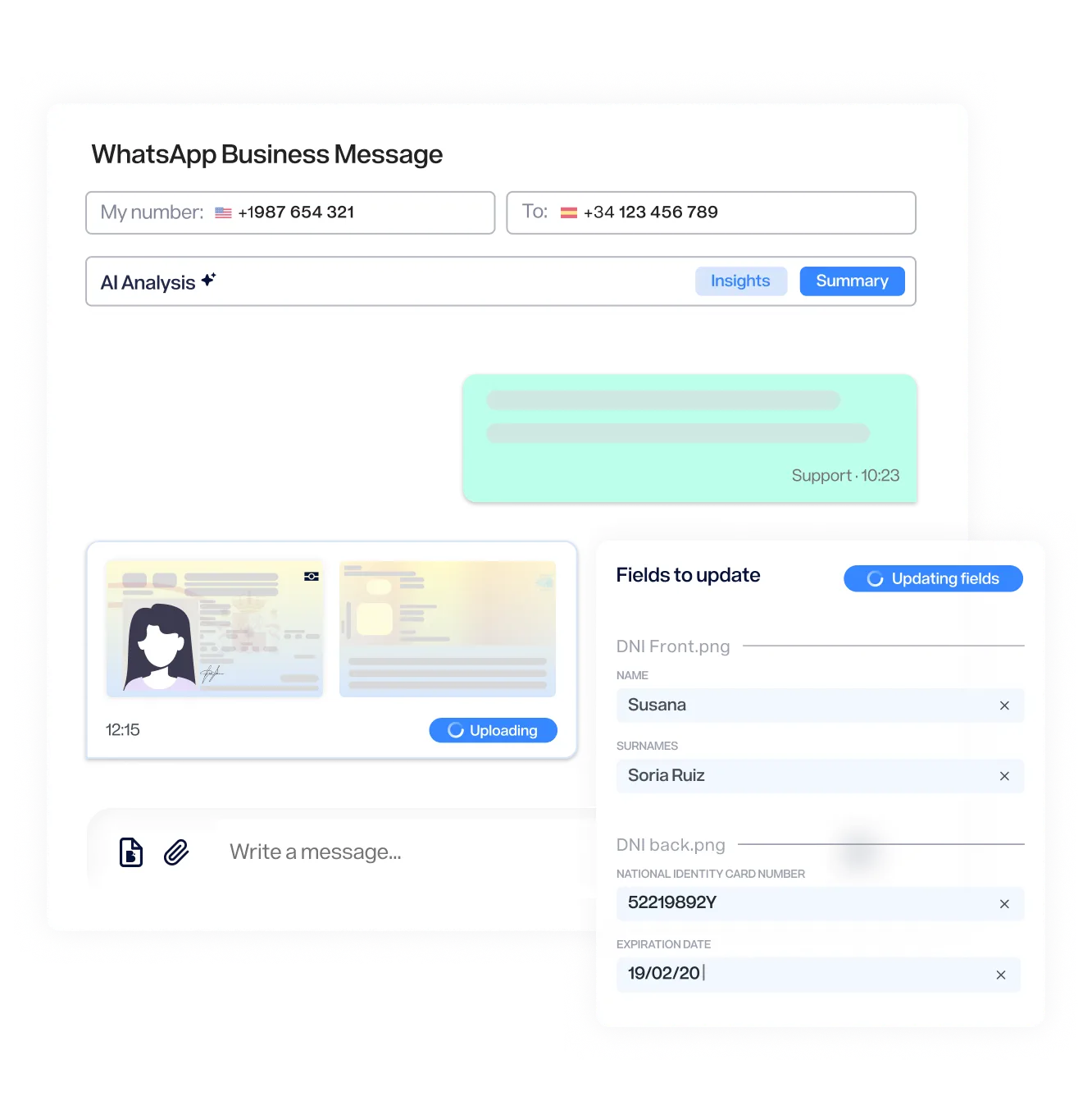 Interfaz de mensaje de WhatsApp Business con campos para actualizar información personal y carga de documentos.