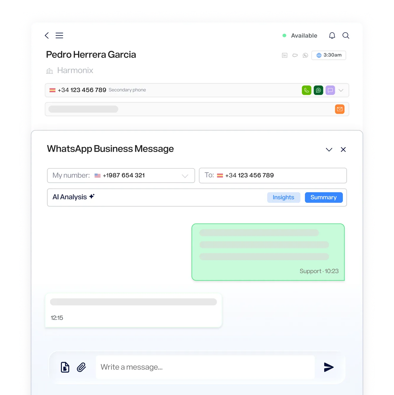 Interfaz de mensajería de WhatsApp con números de contacto y análisis de IA, mostrando un mensaje de soporte.