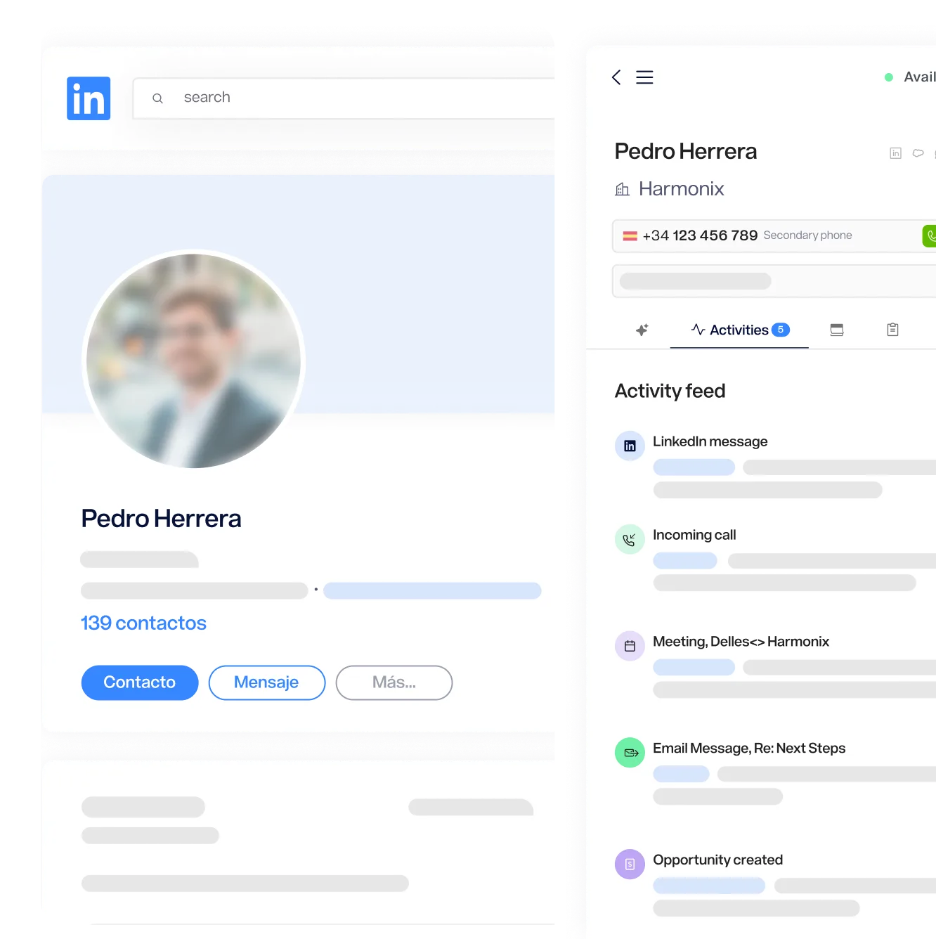Perfil de usuario en LinkedIn con nombre, foto, contactos y actividad reciente.