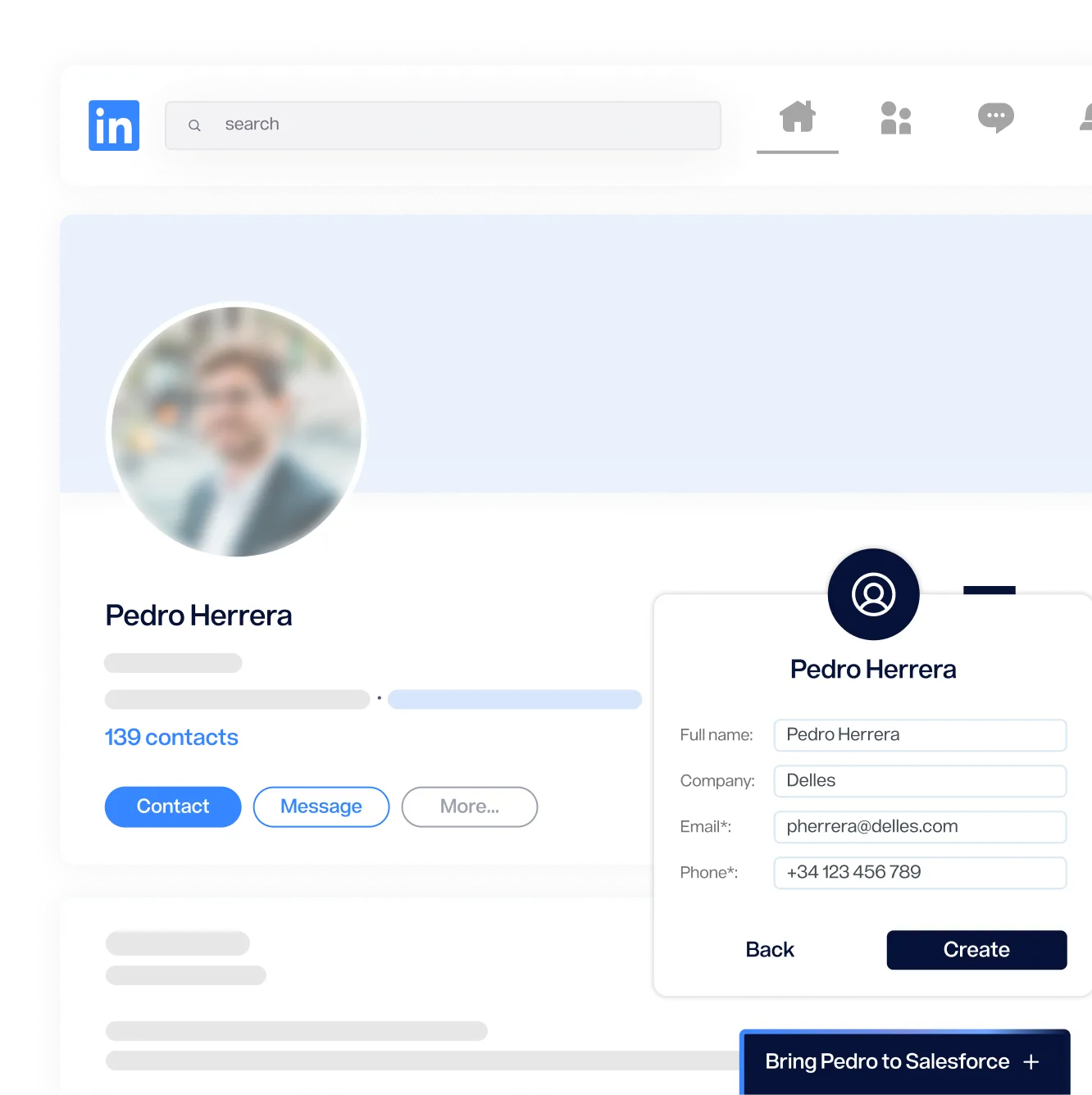 Perfil de usuario en LinkedIn con información de contacto y opción para agregar a Salesforce.