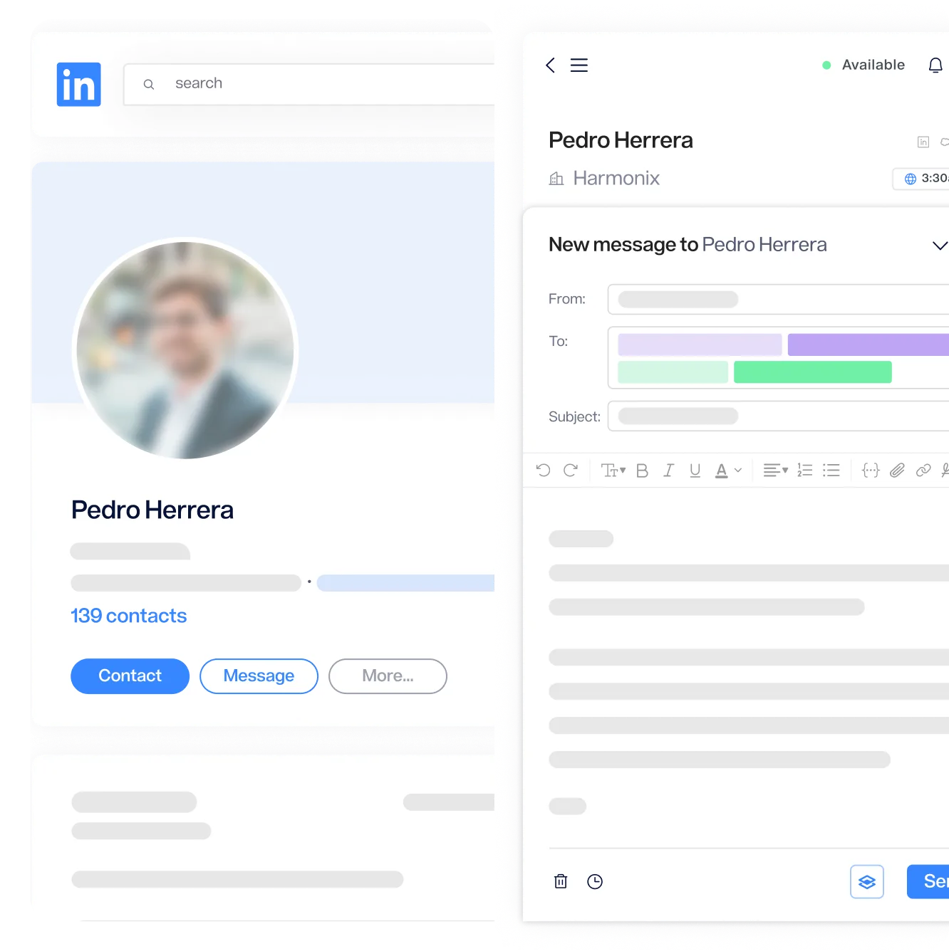 Perfil de LinkedIn con información de contacto y ventana de redacción de mensaje.