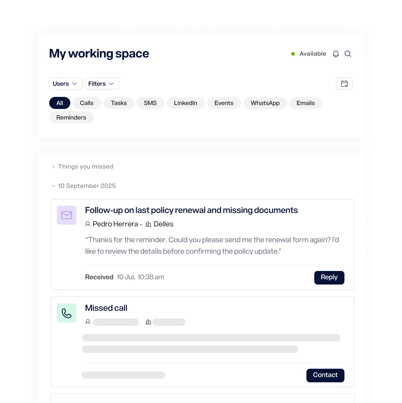 Espacio de trabajo con secciones para llamadas, tareas, SMS, eventos y recordatorios. Mensaje sobre renovación de póliza y llamada perdida.