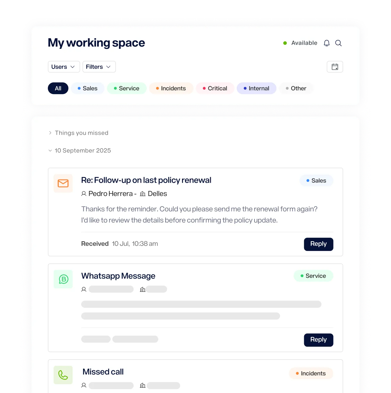 Interfaz de usuario con mensajes de correo, WhatsApp y llamadas perdidas, organizados por fecha y tipo de servicio.