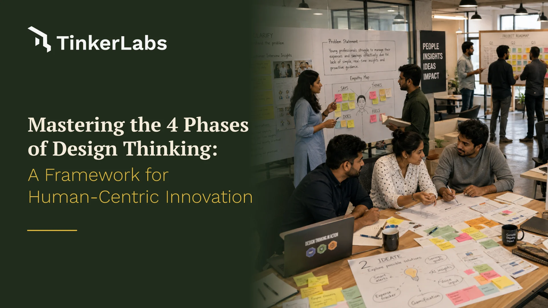 Indian product team progressing through the four phases of design thinking by researching users, brainstorming ideas, building prototypes, and reviewing implementation plans.