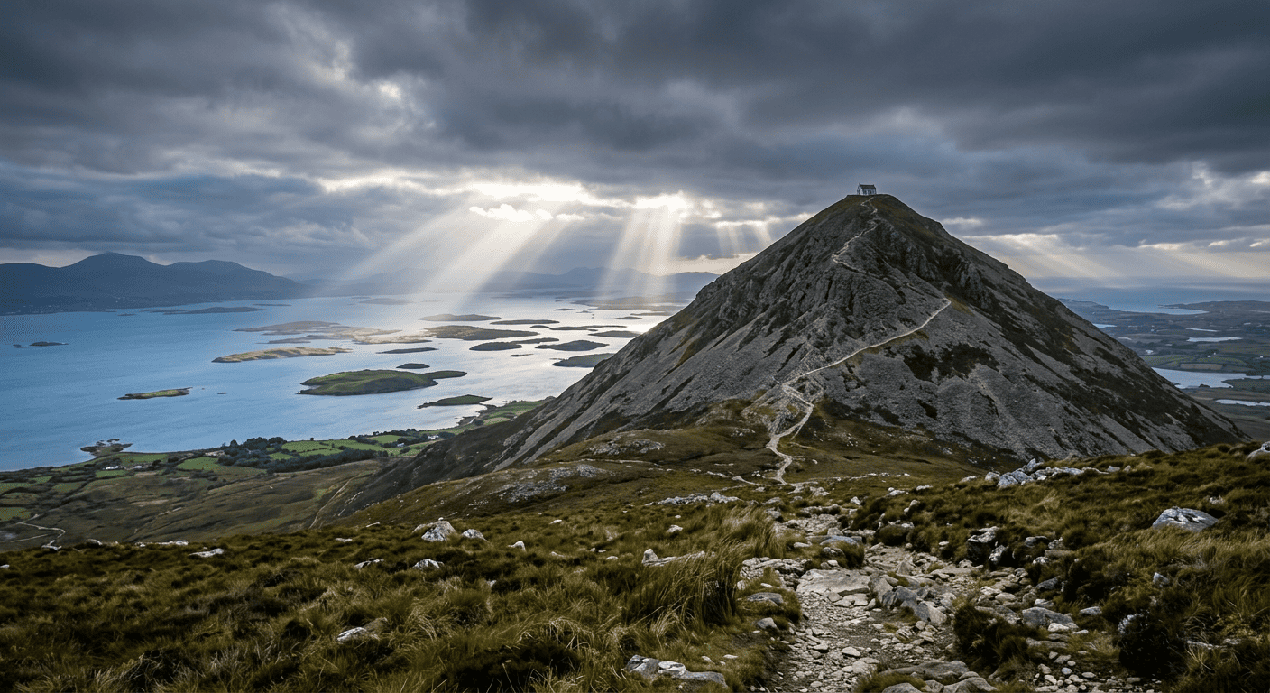 Croagh Patrick, County Mayo — the conical holy mountain above Clew Bay where Saint Patrick fasted for forty days