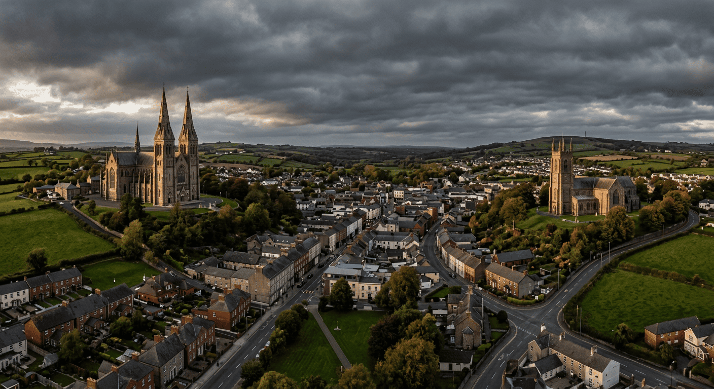 Armagh city — two Saint Patrick's Cathedrals facing each other from opposite hills, one Catholic and one Church of Ireland