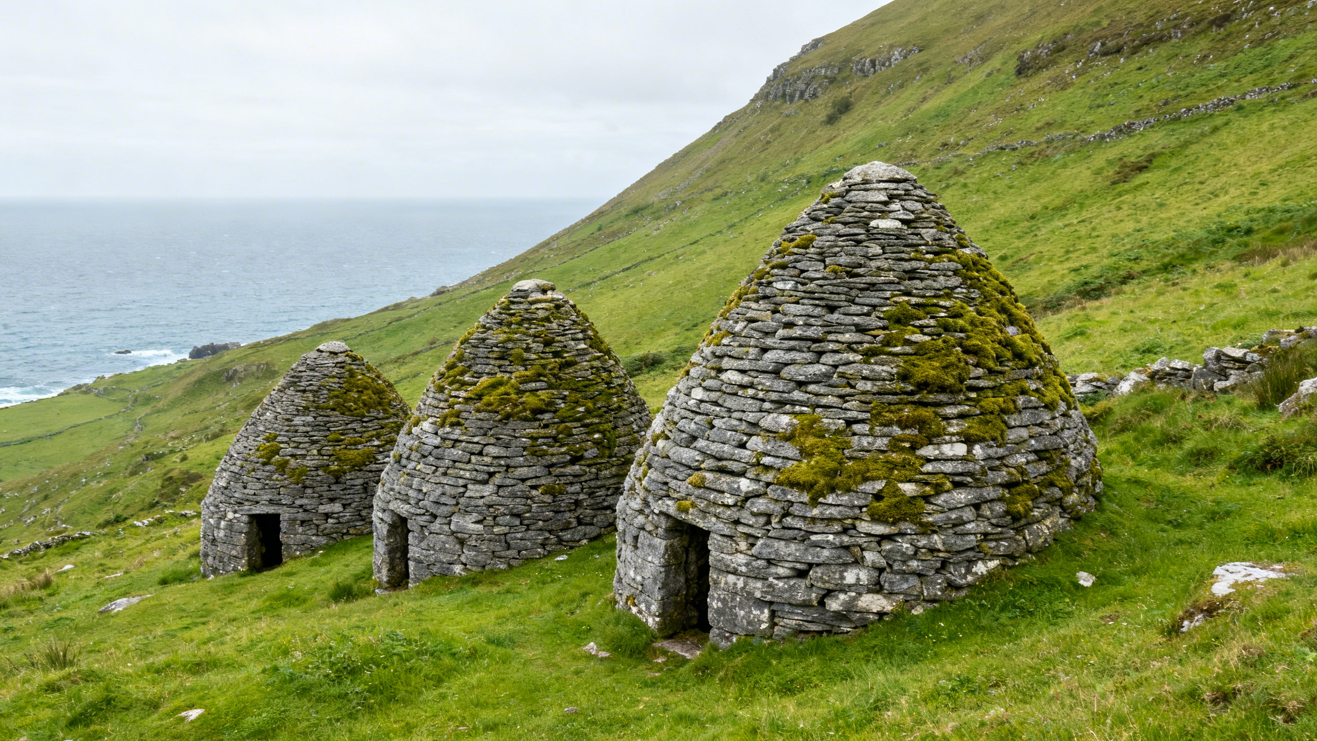 Ancient dry-stone corbelled beehive huts on the hillside above the Dingle Peninsula, Atlantic Ocean behind, no people, overcast light