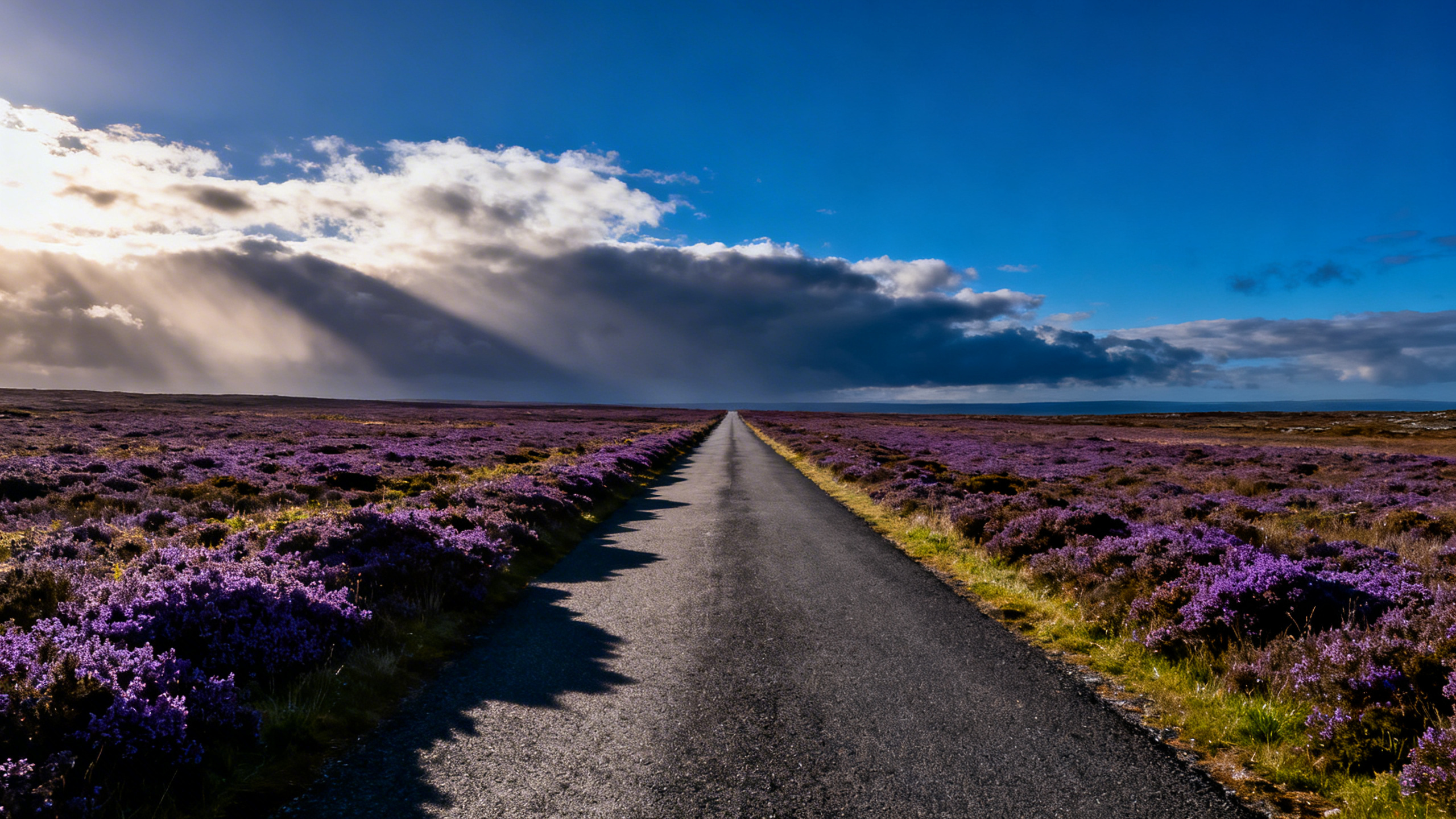 Long straight bog road in County Mayo with cloud shadows moving across the heather
