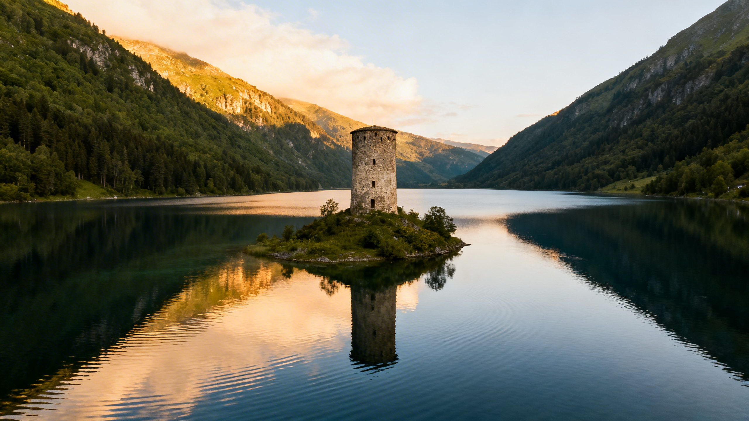 Glendalough round tower rising above the glacial valley, County Wicklow, morning light