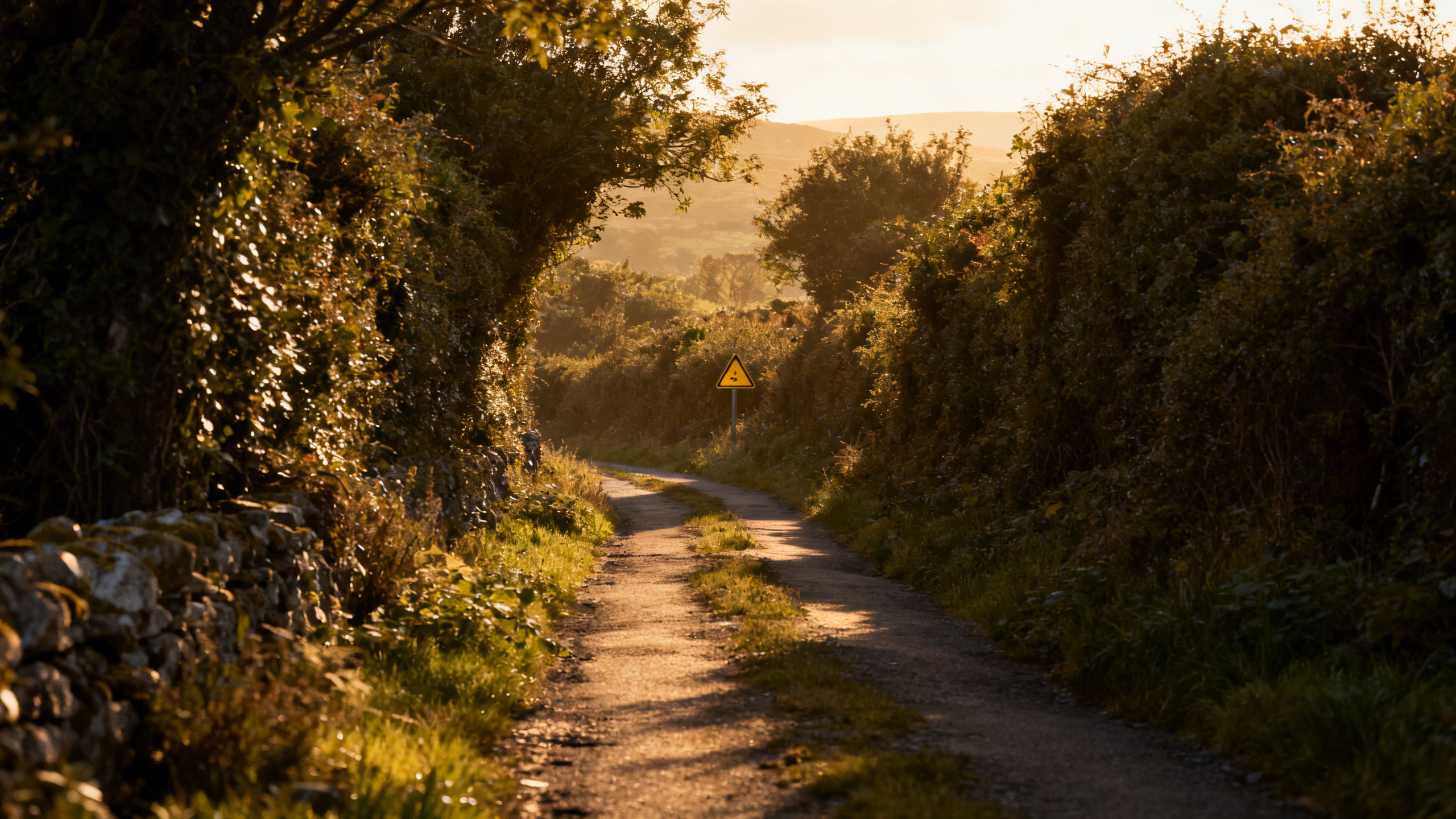 A narrow single-track Irish country lane flanked by high stone walls and overgrown hedgerows, a small gravel passing place visible on the left
