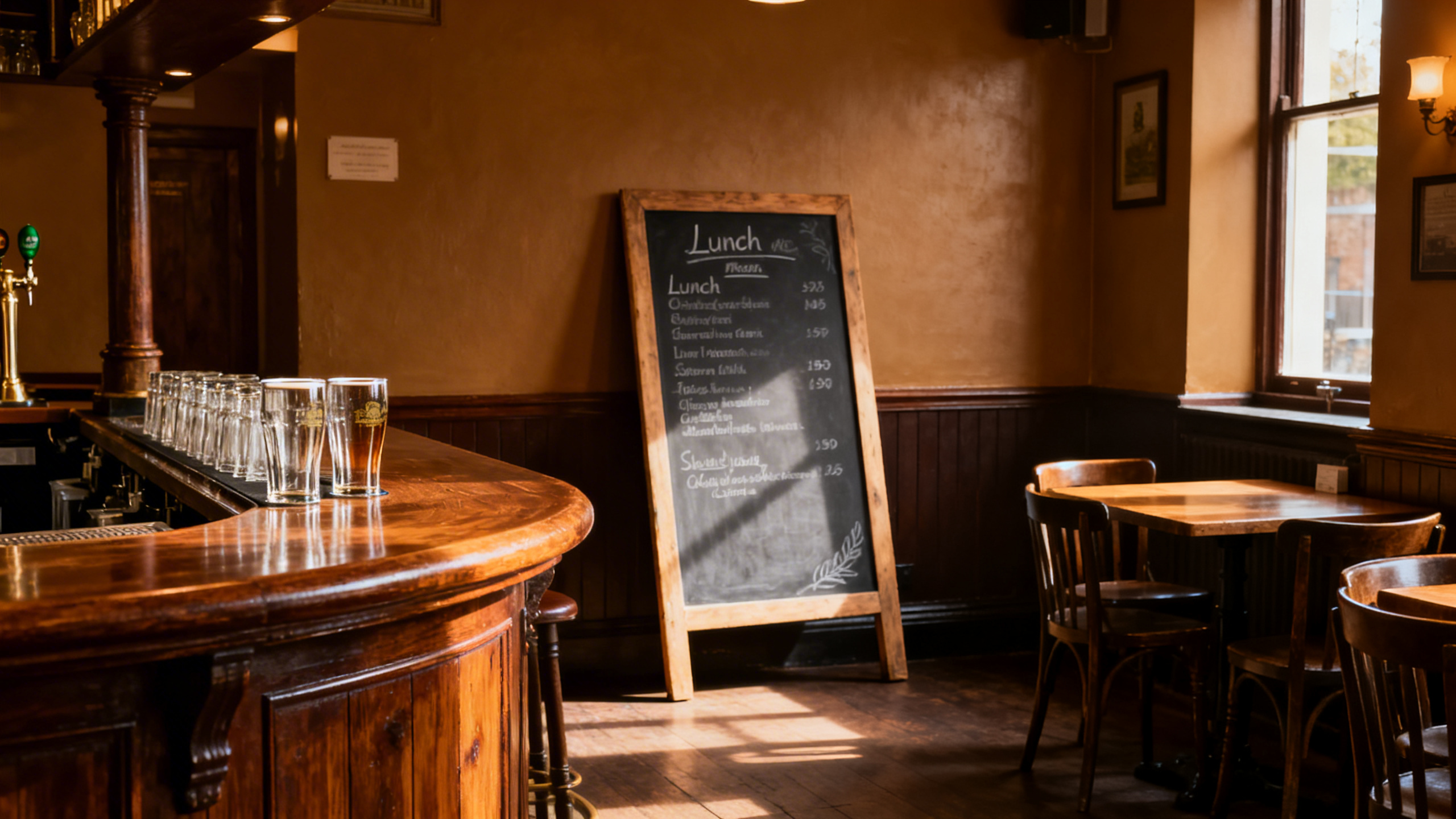 A bowl of Irish vegetable soup with brown bread on a wooden table in a traditional pub interior