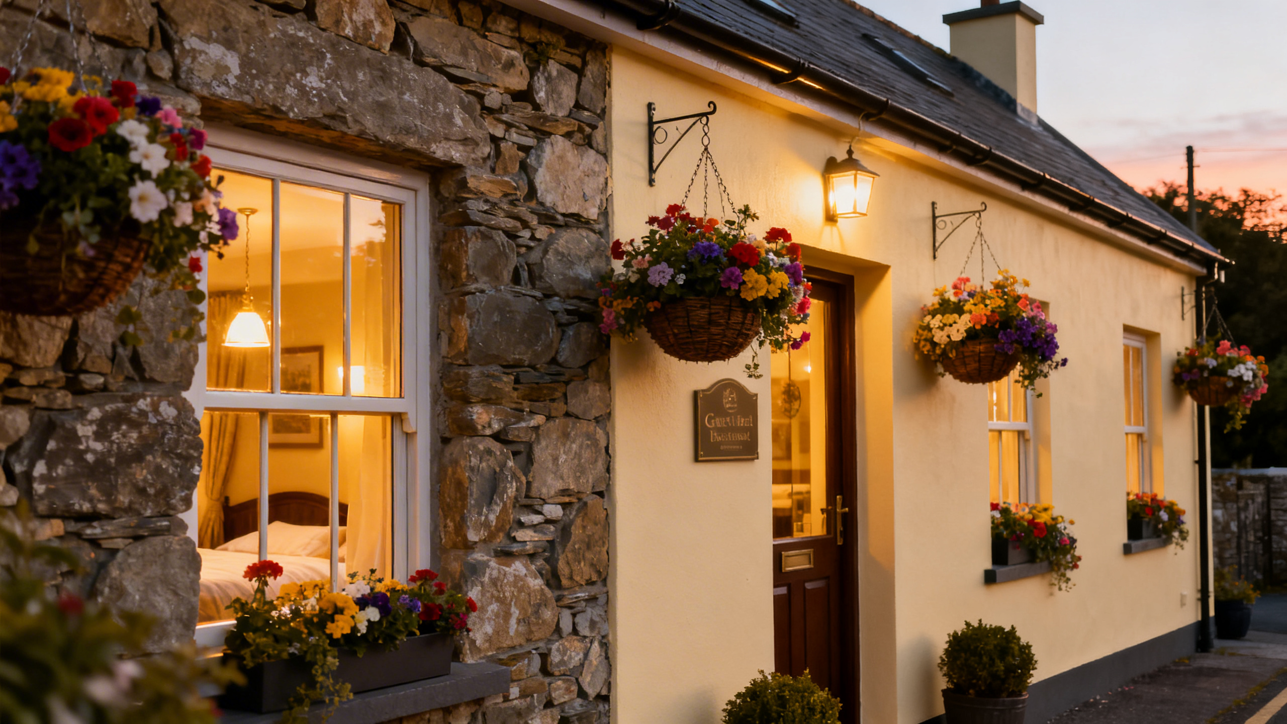 A whitewashed Irish guesthouse exterior with flower boxes and a gravel car park on a quiet village road