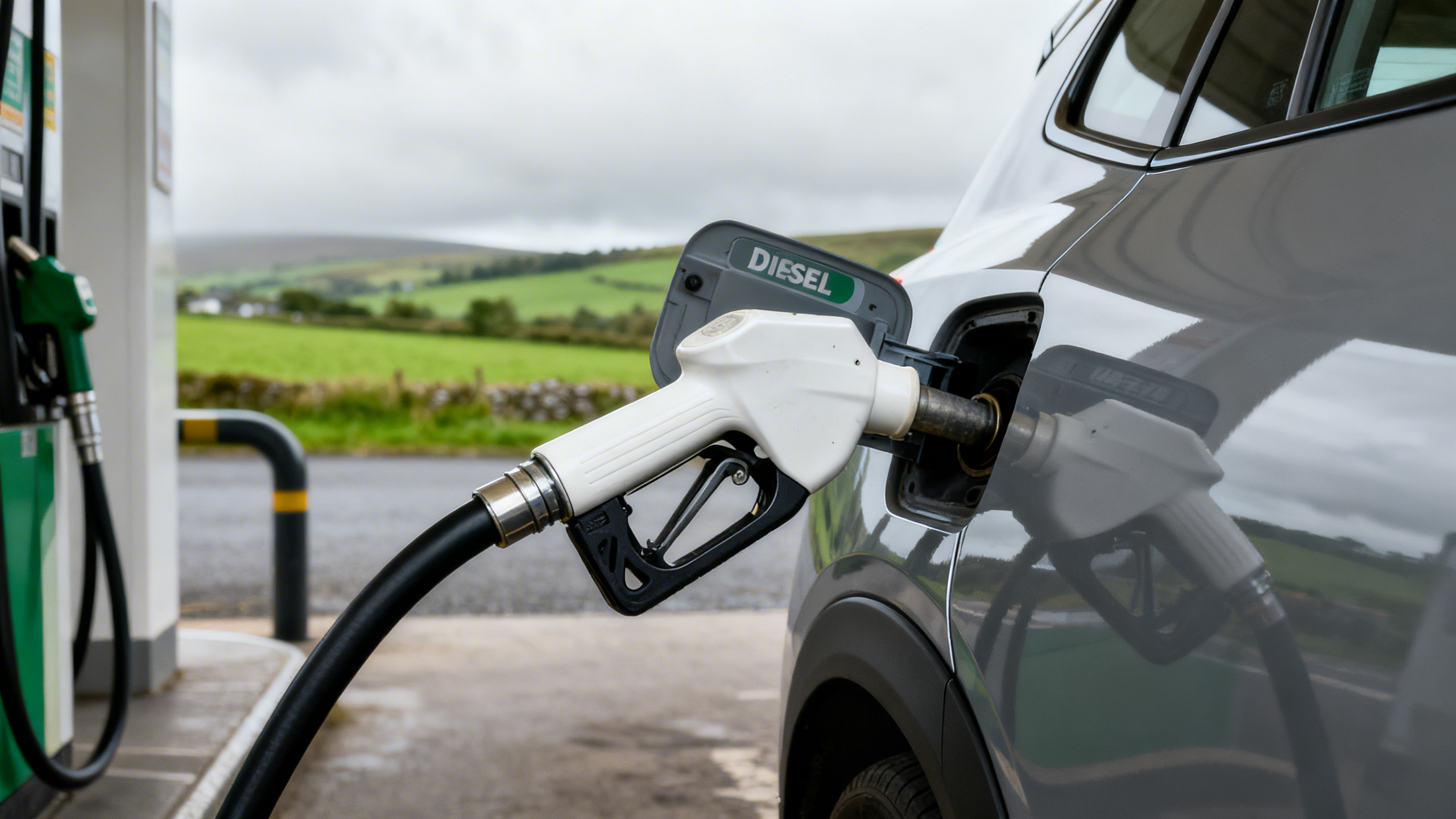 A diesel fuel pump nozzle inserted into a modern silver hatchback at an Irish petrol station