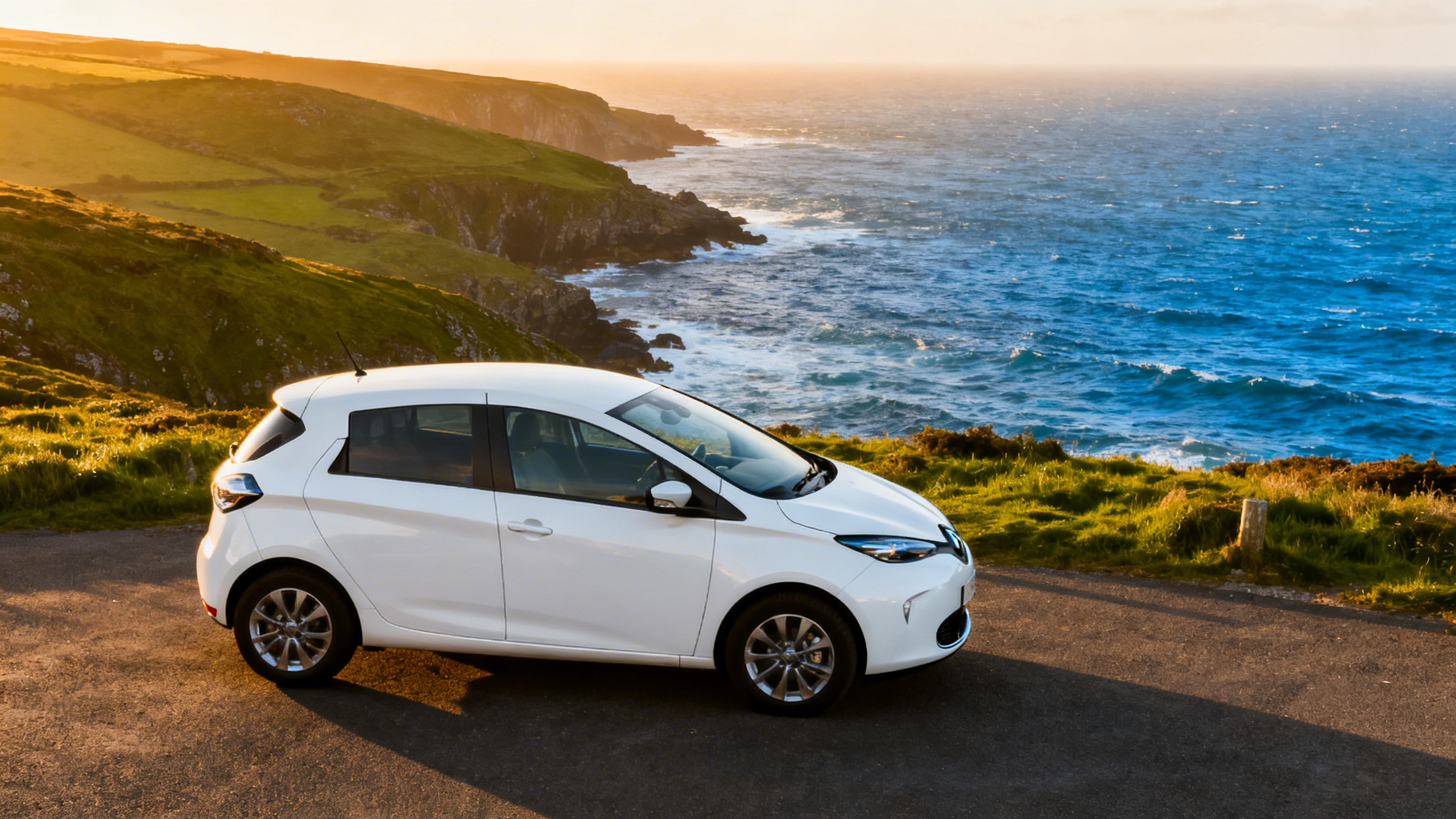 A white rental car parked on a clifftop verge with expansive Atlantic ocean views behind it, late afternoon light on the water