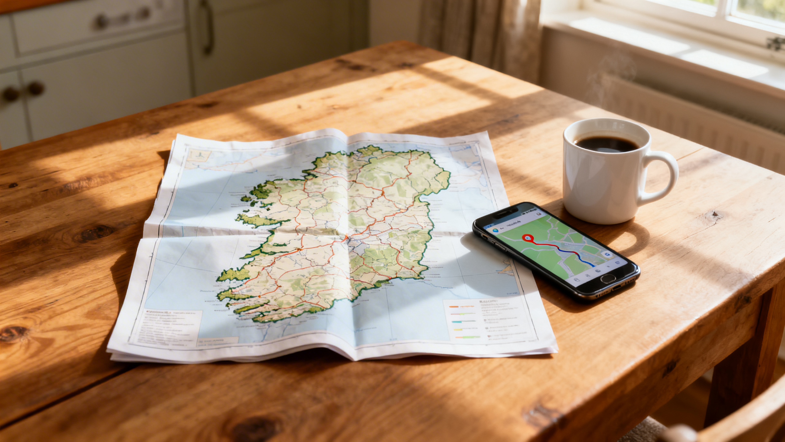 A detailed road map and handwritten notes spread across a wooden kitchen table, a cup of tea to one side, evening light through a window