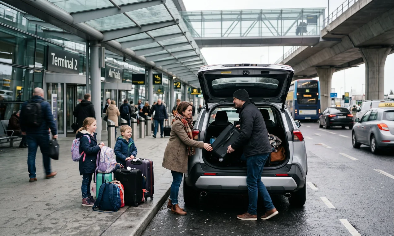 Modern silver compact SUV, 2022 model, parked at Dublin Airport curbside on overcast morning. Family loading luggage. Blurred Irish plate, no stickers. No company branding. DSLR, natural light.
