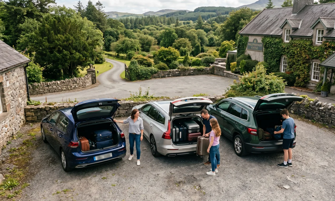 Overhead view of three modern cars — hatchback, estate, compact SUV, all 2021+ models — parked at Irish country hotel car park. Family comparing boot space, loading suitcases. Blurred plates, no branding or stickers. Natural daylight, DSLR.