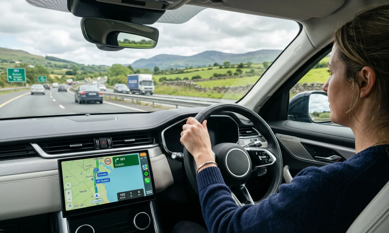Interior of modern car, 2021+ model, showing dashboard with Apple CarPlay navigation map on central touchscreen. Driver's hand on steering wheel, Irish motorway visible through windscreen. No branding on dashboard. Natural daylight, DSLR, shallow depth of field.