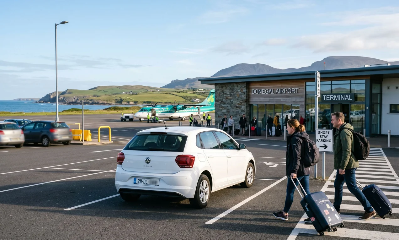 Small modern Irish regional airport terminal on bright morning. White compact car, 2021+ model with blurred plate and no stickers, parked in short-stay parking. Passengers with luggage walking towards it. Clear sky, DSLR, natural light.