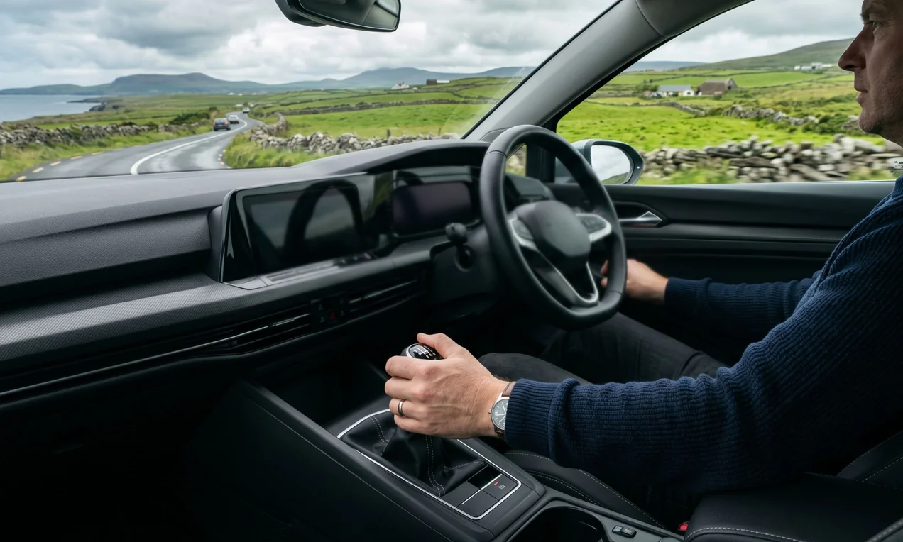 Close-up of manual gear stick in modern car interior, 2021+ model. Driver's hand on gear knob, Irish countryside of green fields and stone walls visible through windscreen. No branding on steering wheel or dashboard. Natural daylight, shallow depth of field, DSLR.