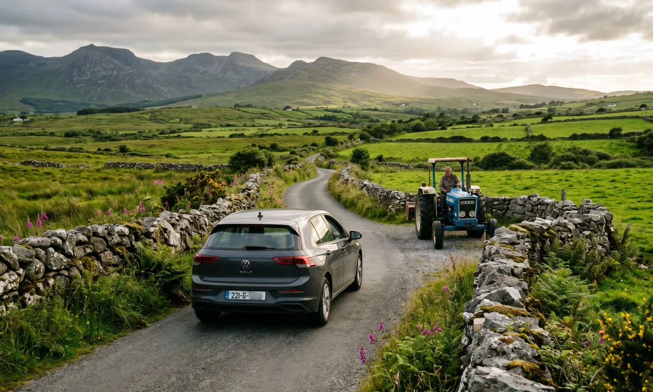 Modern dark grey Volkswagen Golf, 2022 model, driving slowly on narrow Irish R-road with dry stone walls on both sides. Tractor waits in passing place ahead. Lush green fields and distant hills. Blurred Irish plate, no stickers. Late afternoon light, DSLR.
