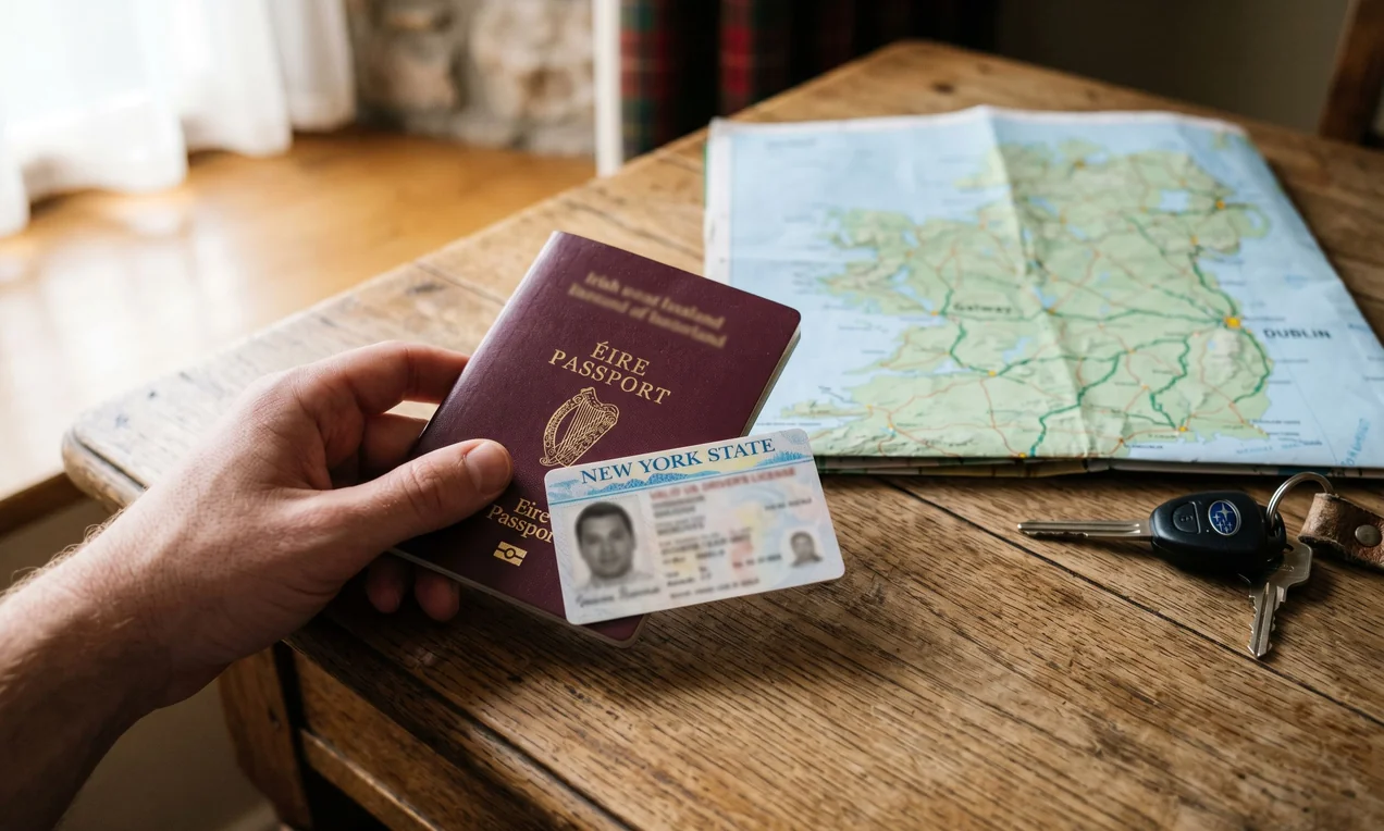 Close-up of a hand holding an open Irish passport and a US driver's licence on a wooden hotel desk, with a folded Ireland road map and car keys visible in soft focus background. Natural window light, DSLR, shallow depth of field, photo-realistic.