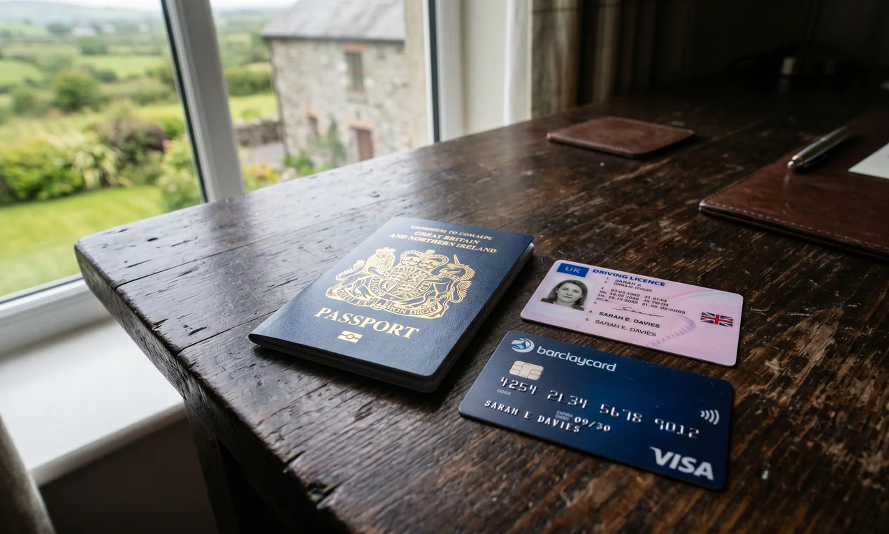Three items laid flat on a dark hotel desk: a physical UK driver's licence, a passport, and a Visa credit card. Shot from above, natural light, DSLR, photo-realistic, sharp focus on the documents.