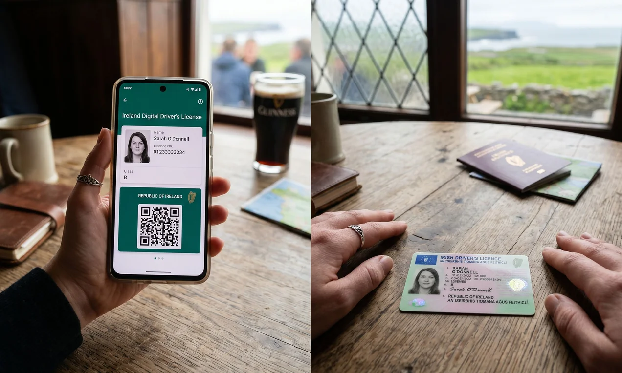 Hand holding a smartphone showing a digital driver's licence app, next to a physical plastic driver's licence on a desk. Split composition showing both options. Natural light, DSLR, photo-realistic, shallow depth of field.