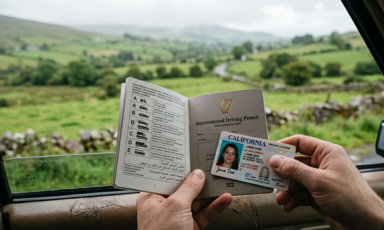 Close-up of an International Driving Permit booklet open to the translation page, held in a hand alongside a US driver's licence. Blurred Irish countryside visible through a window in the background. Natural light, DSLR, photo-realistic.