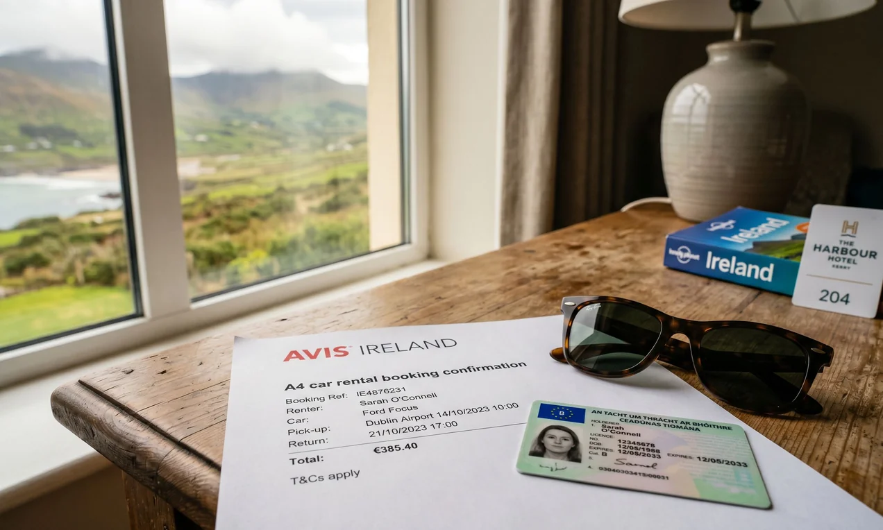 Close-up of a printed car rental booking confirmation on a hotel desk, next to a physical driver's licence and a pair of sunglasses. Natural window light, DSLR, photo-realistic, warm tones.