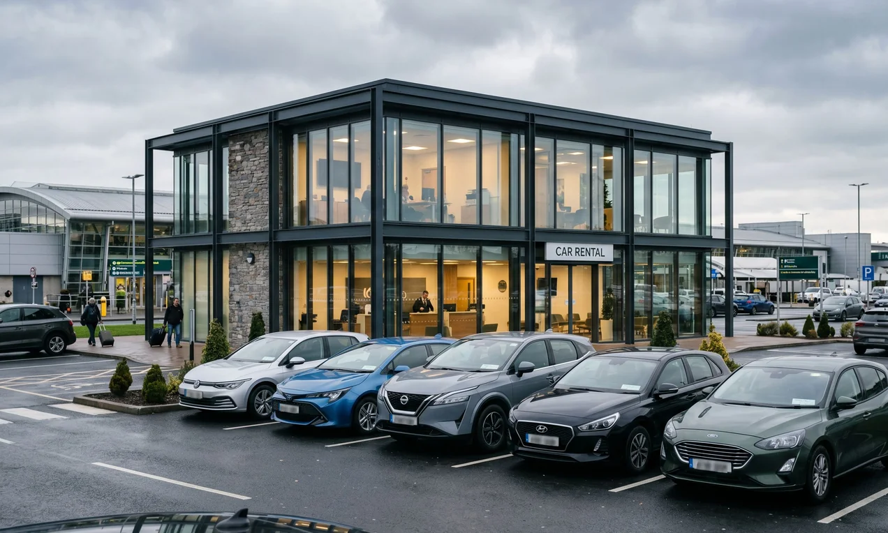 Exterior of a modern Irish car rental office at Dublin Airport, glass-fronted building with a row of modern compact cars, 2021+ models, parked outside. No company branding visible. Blurred plates. Overcast morning, natural light, DSLR, photo-realistic.
