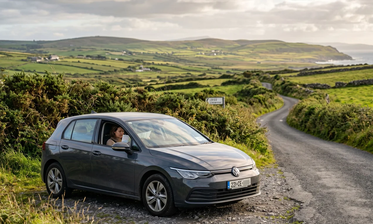 Dark grey Volkswagen Golf parked on a gravel pull-off beside a narrow Irish R-road. A driver reads a document through the windscreen. Green hedgerows, rolling hills, late afternoon light. Shot on DSLR.