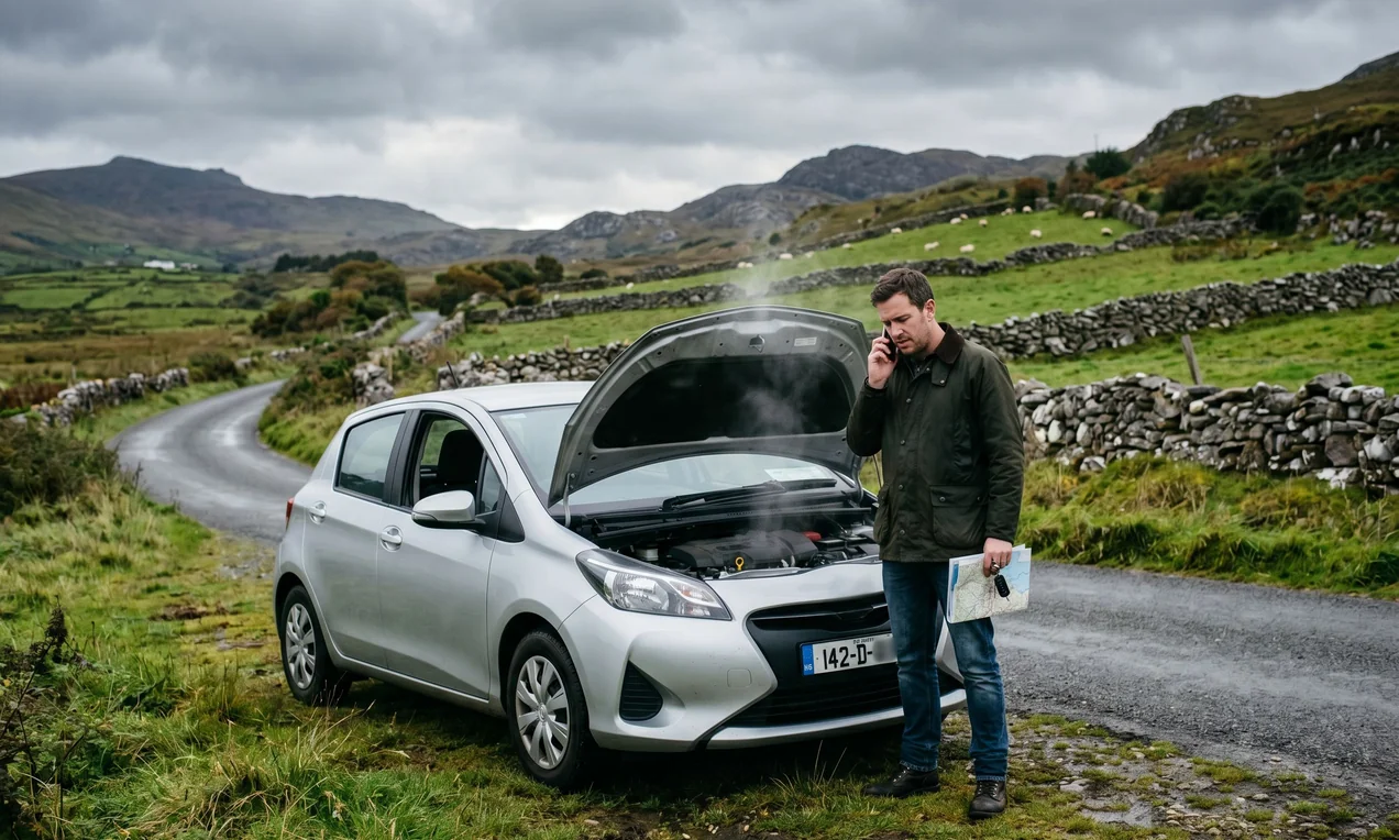 Modern compact car pulled over on a grassy verge of a narrow Irish country road. Bonnet open, steam rising gently. Driver stands beside the car looking at a phone. Green fields, dry stone walls. Overcast sky. Shot on DSLR.