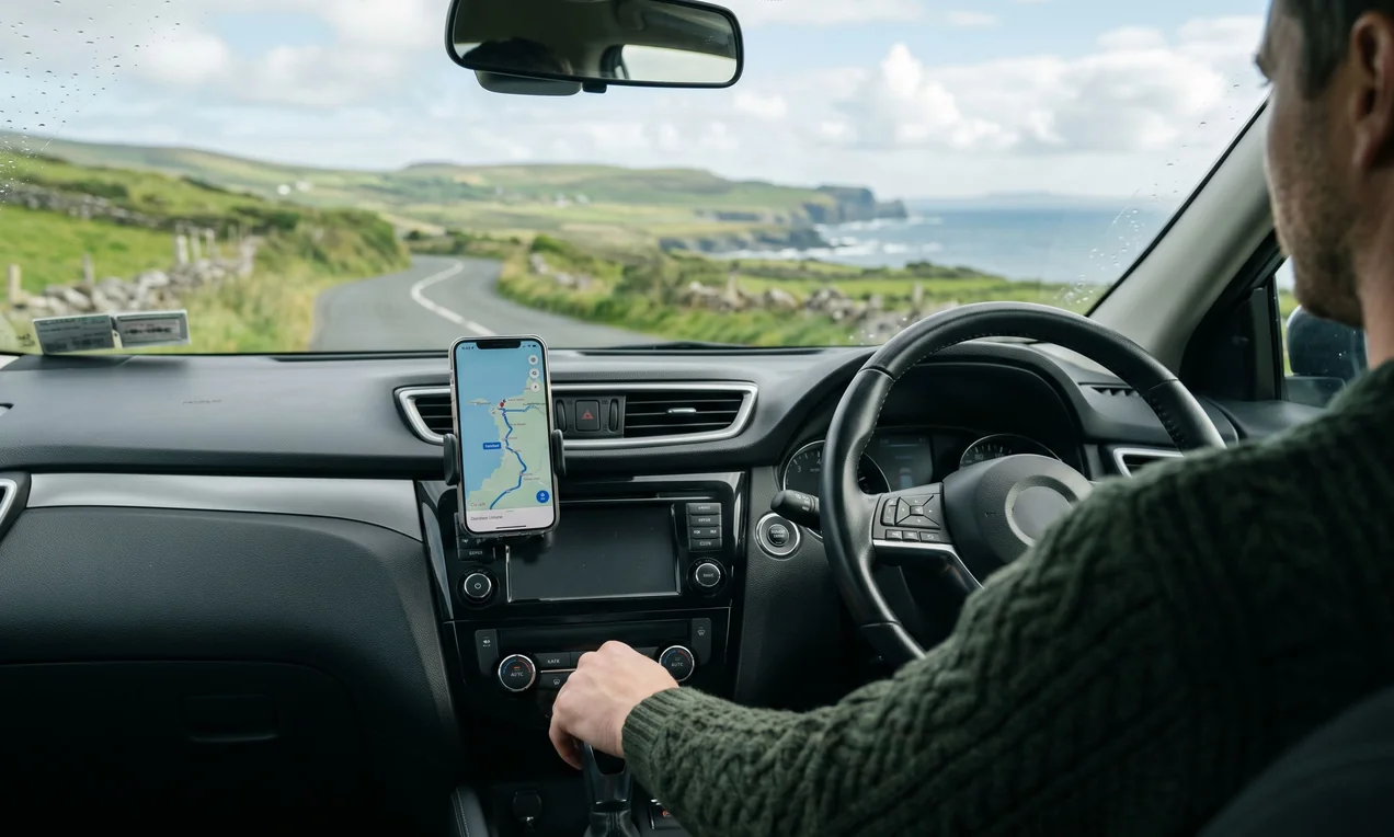 Driver handing over car keys to a rental agent at an outdoor car park. Both casually dressed, silver compact car behind them. Overcast Irish sky, soft natural light. Documentary style. Shot on DSLR.