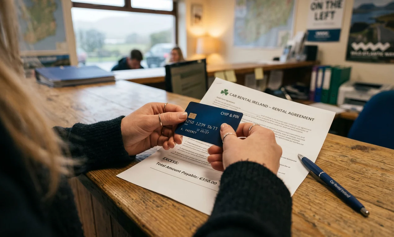 Hands holding a US credit card and an Irish rental car agreement on a desk. Shallow depth of field, focus on the credit card and the excess figure. Office lighting. Shot on DSLR.