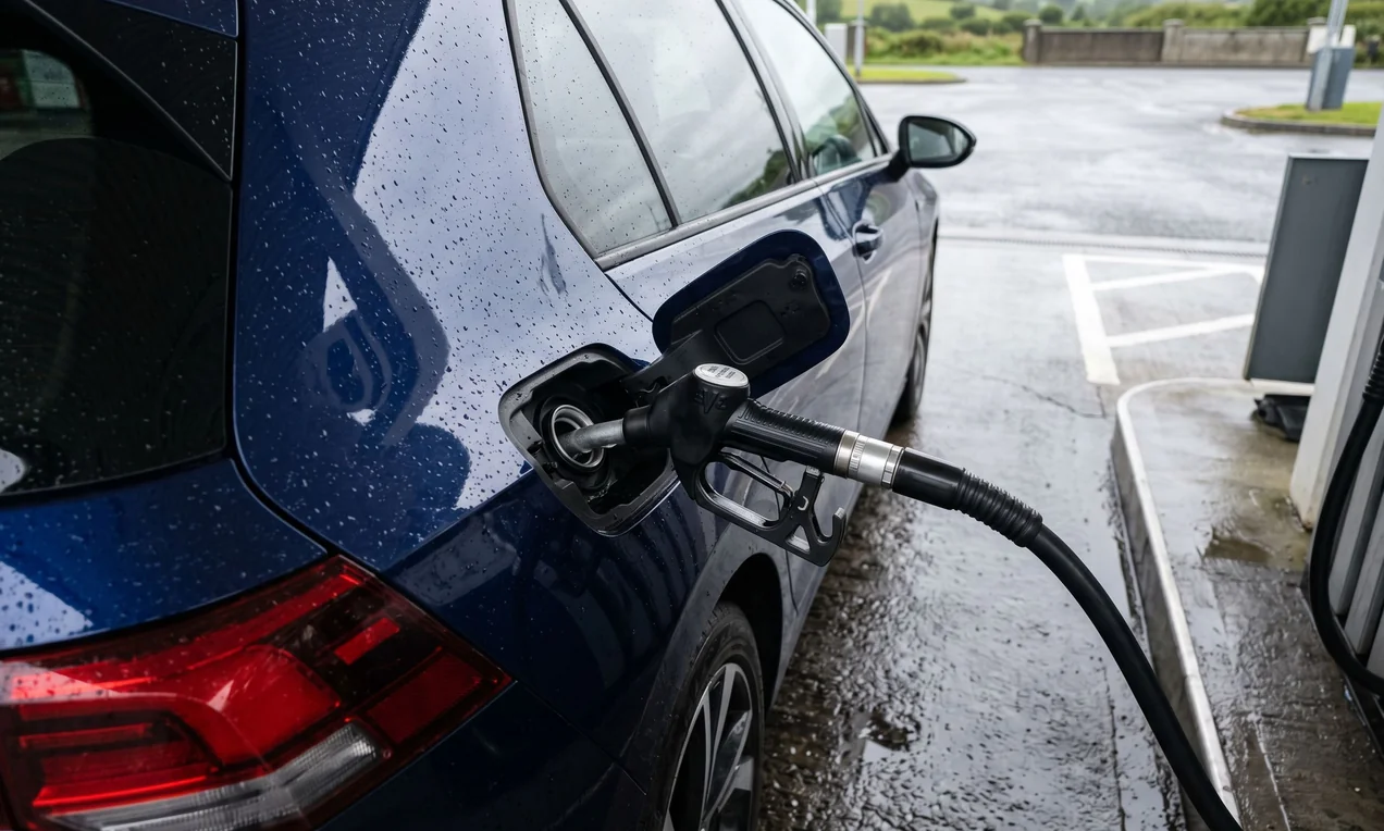 Overhead shot of a fuel pump nozzle inserted into a modern car's fuel cap. Dark blue car, bright overcast daylight. Clean petrol station forecourt with wet tarmac. Shot on DSLR, sharp detail.