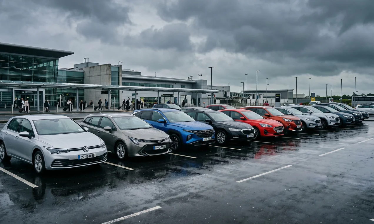 Row of modern rental cars, 2021+ models, parked at Irish airport car park. Various makes visible but no company logos or branding. Overcast sky, wet tarmac reflecting vehicles. Natural light, DSLR.