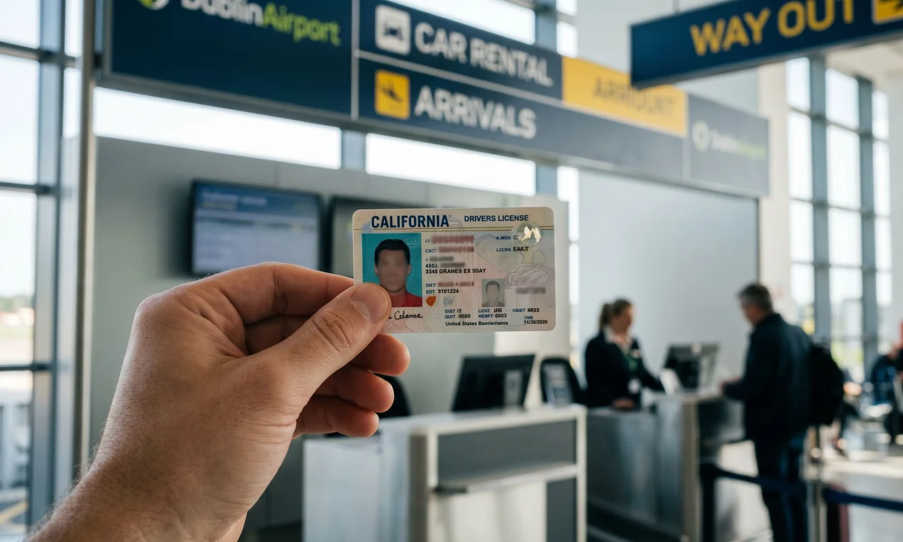 Close-up of a valid US driver's licence held in hand against backdrop of Dublin Airport car rental signage. Modern rental desk visible in soft focus background. Natural daylight, DSLR, shallow depth of field. No company branding visible.
