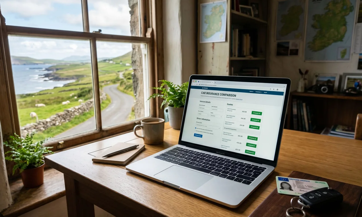 Open laptop showing an insurance comparison website, with a car key and driving licence on the desk beside it. Office desk setting, natural light, no branding visible.
