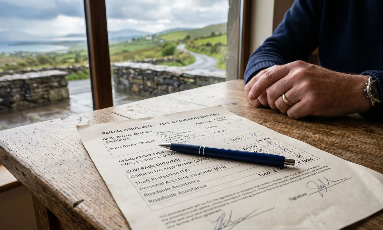 Close-up of a rental agreement table of fees and coverage options on paper, with a pen resting across the page. Natural window light, professional photography, no logos or branding visible.