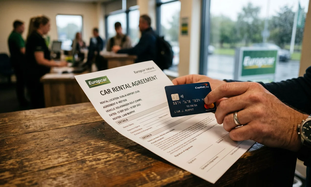Hands holding a US credit card and an Irish rental car agreement on a wooden desk. Shallow depth of field, focus on the credit card and the document. Natural office lighting.