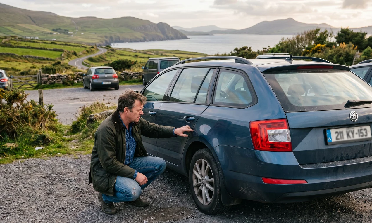 Driver inspecting a small scratch on a car door in a car park. Late afternoon light, rural background. Car has blurred Irish plate. No decals. Photorealistic DSLR.