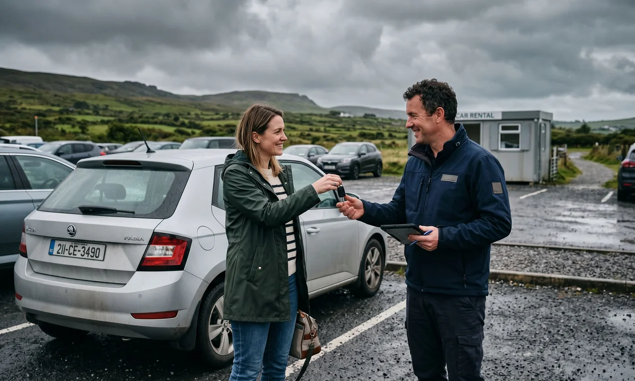Driver handing over car keys to a rental agent at an outdoor car park. Both casually dressed, silver compact car behind them. Overcast Irish sky, documentary style. No decals or branding.