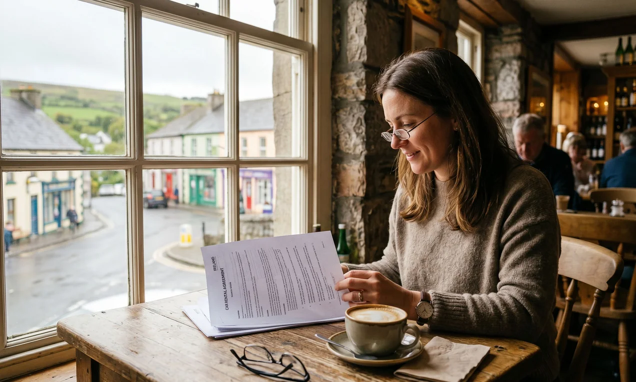 Person reading a printed rental contract at a café table, coffee cup beside the document, reading glasses on the table. Sunlight coming through the window. No logos or branding visible.